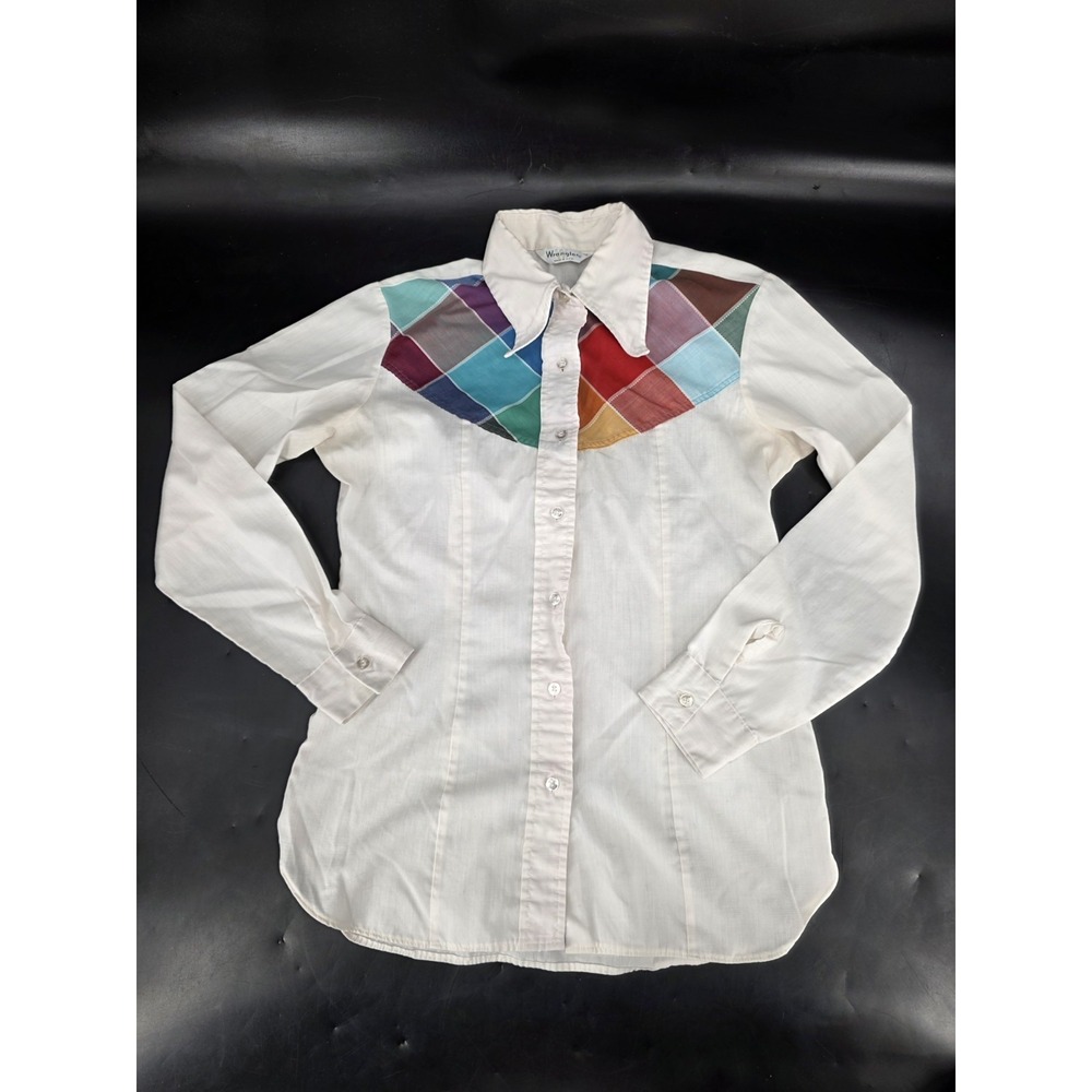 VTG 1980s Wrangler Women's Western Colorblock Button Up Shirt 34 S/M Long Sleeve